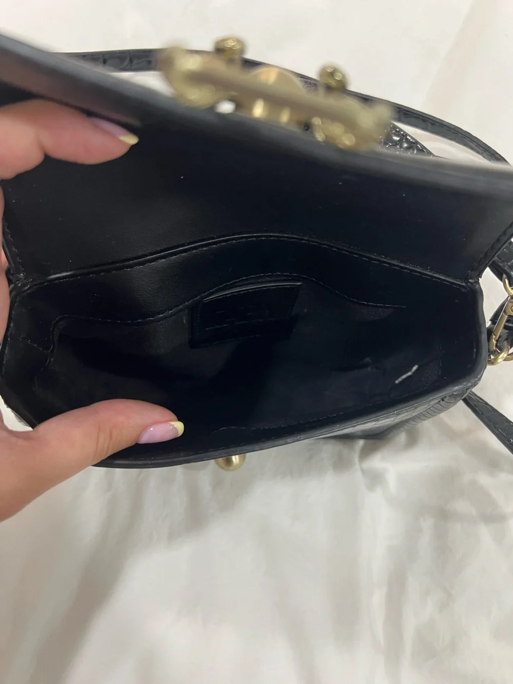 Zara Black Croc-Embossed Crossbody Bag with Gold Buckle Detail